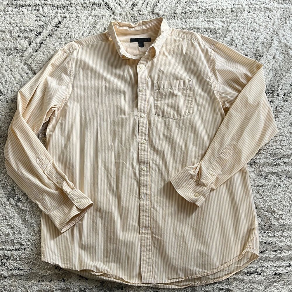 Mens Yellow & white striped button down dress shirt